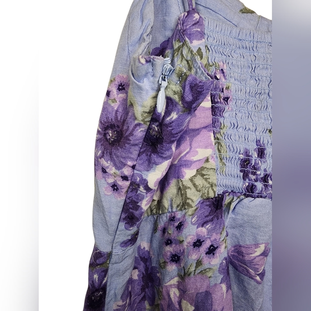 ​Forever 21 Purple Floral Linen Blend Mini Dress Tie Shoulder Ruffle - L - Picture 5 of 8